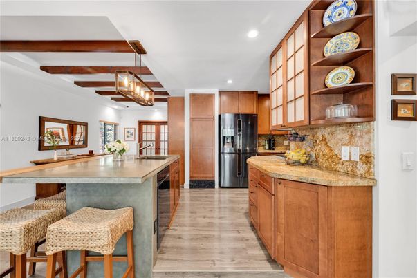 Interior, Kitchen, Pendant Lights, Recessed Lighting, Wooden Beams, Wood Texture Flooring