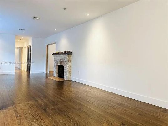 Empty room, Fireplace, Interior, Recessed Lighting, Wood Texture Flooring