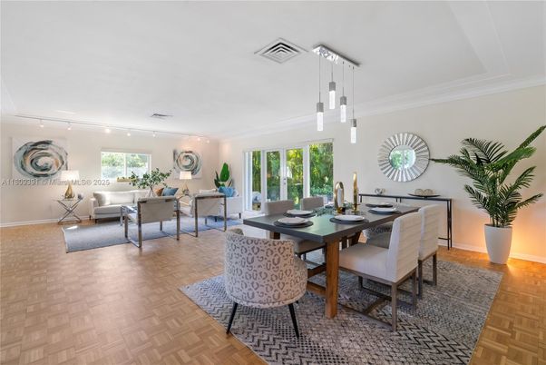 Dining room, Interior, Living room, Pendant Lights, Wood Texture Flooring