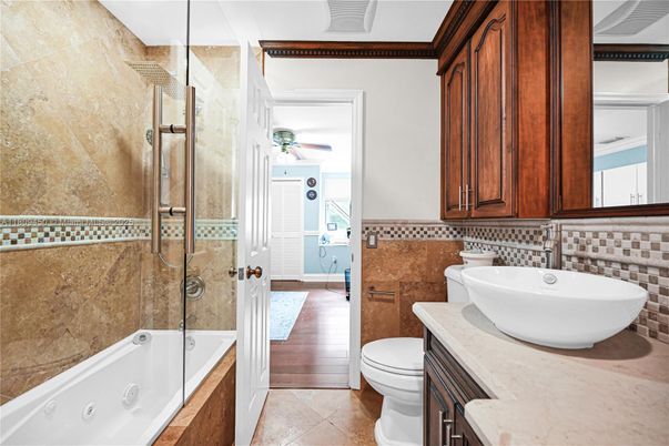 Bathroom, Glass Shower, Interior, Wood Texture Flooring