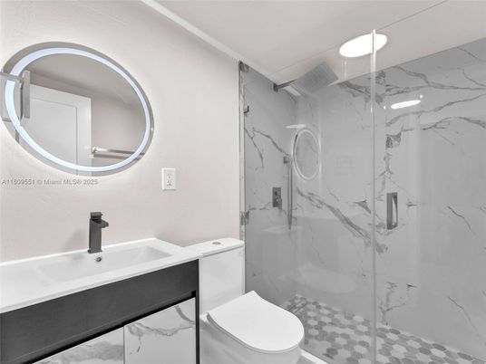 Bathroom, Glass Shower, Interior, Marble Walls, Recessed Lighting