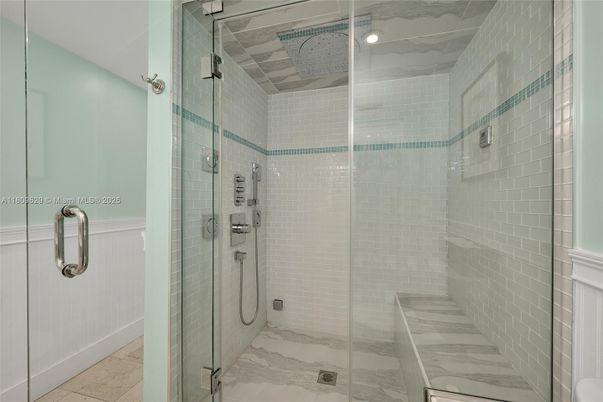 Bathroom, Glass Shower, Interior, Marble, Recessed Lighting