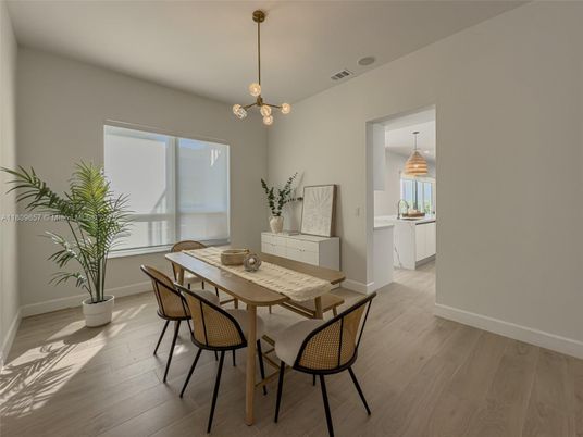 Dining room, Interior, Pendant Lights, Wood Texture Flooring
