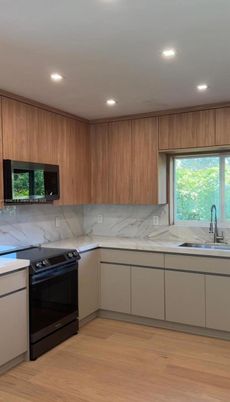 Interior, Kitchen, Marble Walls, Recessed Lighting, Wood Texture Flooring