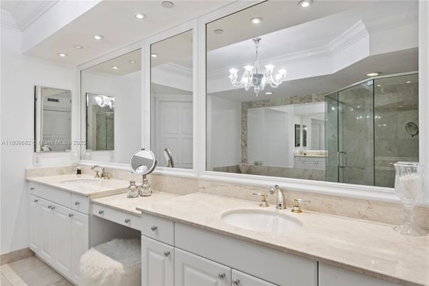 Bathroom, Chandelier, Dual Sink Vanities, Glass Shower, Interior, Recessed Lighting