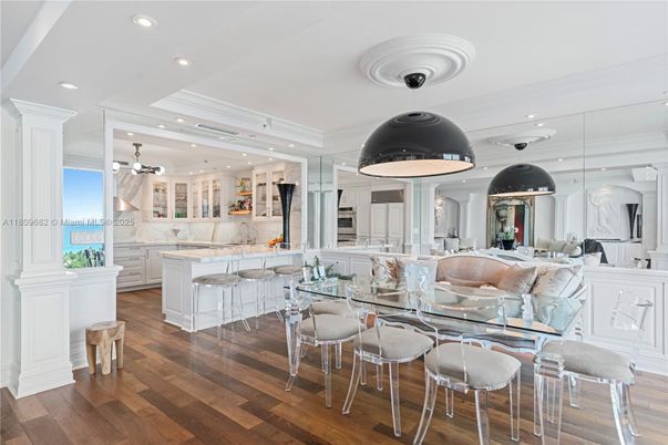 Dining room, Interior, Kitchen, Pendant Lights, Recessed Lighting, Stainless Steel Appliances, Wood Texture Flooring