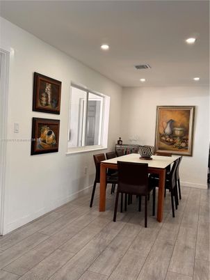 Dining room, Interior, Recessed Lighting, Wood Texture Flooring