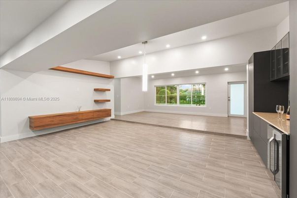 Empty room, Interior, Pendant Lights, Recessed Lighting, Wood Texture Flooring