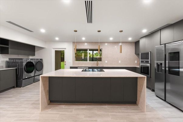 Interior, Kitchen, Pendant Lights, Recessed Lighting, Washer, Wood Texture Flooring