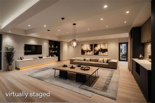 Interior, Living room, Pendant Lights, Recessed Lighting, Wood Texture Flooring
