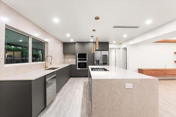 Interior, Kitchen, Pendant Lights, Recessed Lighting, Stainless Steel Appliances, Wood Texture Flooring