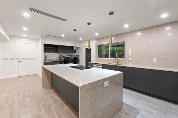 Interior, Kitchen, Pendant Lights, Recessed Lighting, Wood Texture Flooring