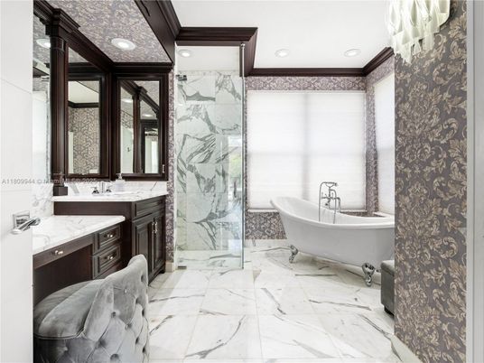 Bathroom, Free Standing Baths, Glass Shower, Interior, Marble, Marble Walls, Recessed Lighting