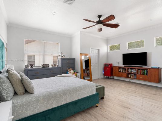 Bedroom, Interior, Recessed Lighting, Wood Texture Flooring