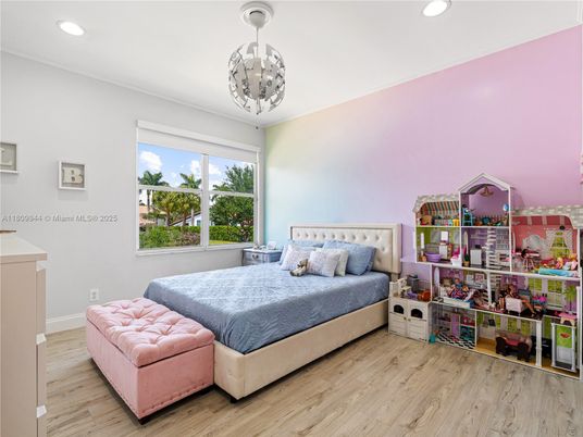 Bedroom, Interior, Pendant Lights, Recessed Lighting, Wood Texture Flooring