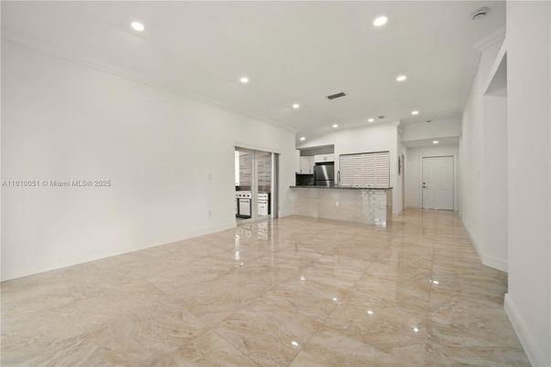 Empty room, Interior, Kitchen, Recessed Lighting, Stainless Steel Appliances
