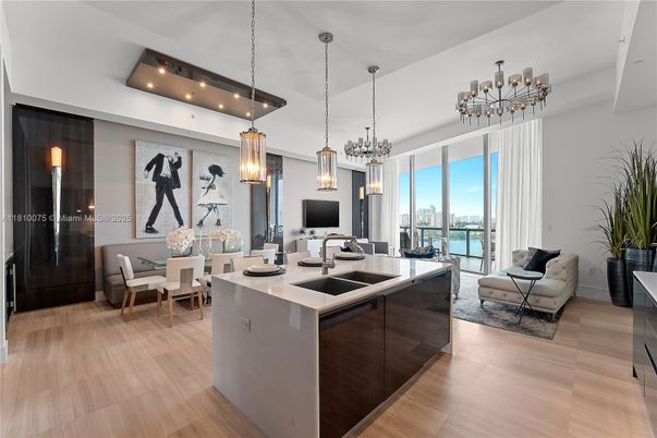 Dining room, Interior, Living room, Pendant Lights, Recessed Lighting, Water, Wood Texture Flooring