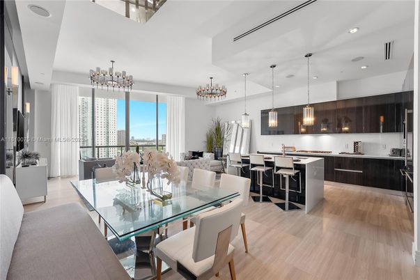 Chandelier, Dining room, Interior, Kitchen, Living room, Pendant Lights, Recessed Lighting, Wood Texture Flooring