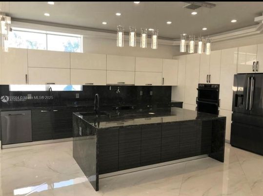 Interior, Kitchen, Marble, Pendant Lights, Recessed Lighting, Stainless Steel Appliances