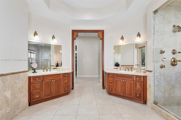 Bathroom, Dual Sink Vanities, Glass Shower, Interior, Marble Walls