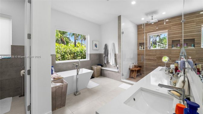 Bathroom, Dual Sink Vanities, Free Standing Baths, Glass Shower, Interior, Recessed Lighting, Wooden Walls