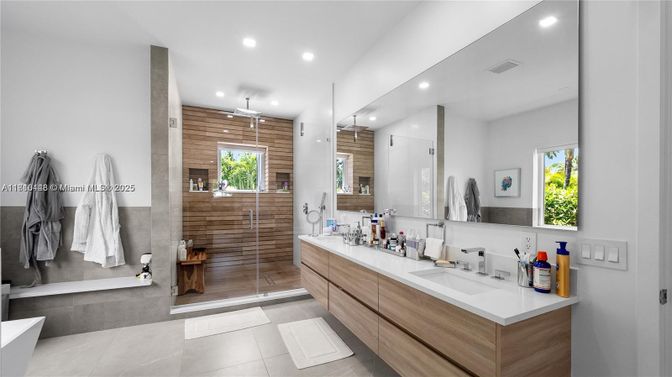 Bathroom, Dual Sink Vanities, Glass Shower, Interior, Pendant Lights, Recessed Lighting, Wooden Walls