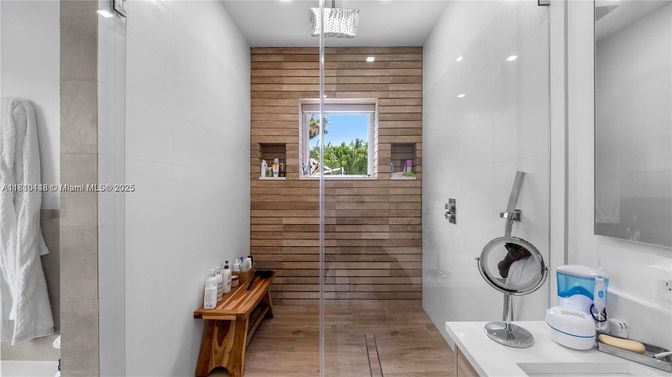 Bathroom, Glass Shower, Interior, Recessed Lighting, Wood Texture Flooring, Wooden Walls