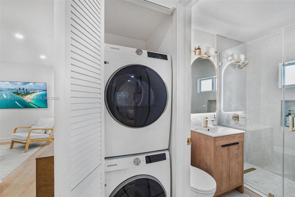 Bathroom, Glass Shower, Interior, Recessed Lighting, Utility Closets, Washer