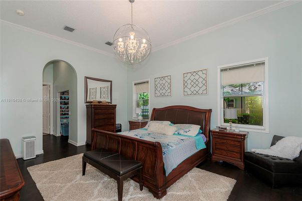 Bedroom, Chandelier, Interior, Wood Texture Flooring