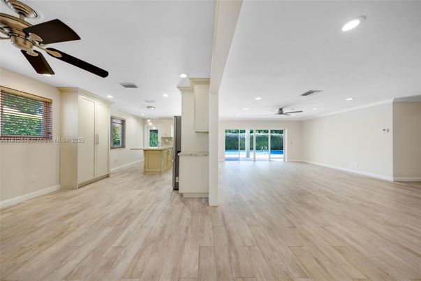 Empty room, Interior, Kitchen, Pendant Lights, Recessed Lighting, Wood Texture Flooring