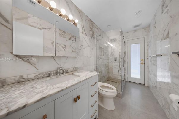 Bathroom, Glass Shower, Interior, Marble Walls, Recessed Lighting