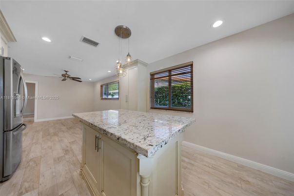 Interior, Kitchen, Pendant Lights, Recessed Lighting, Wood Texture Flooring