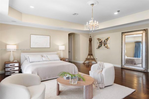 Bedroom, Chandelier, Interior, Recessed Lighting, Wood Texture Flooring