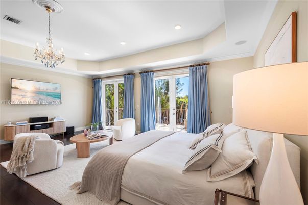 Bedroom, Chandelier, Interior, Recessed Lighting, Wood Texture Flooring