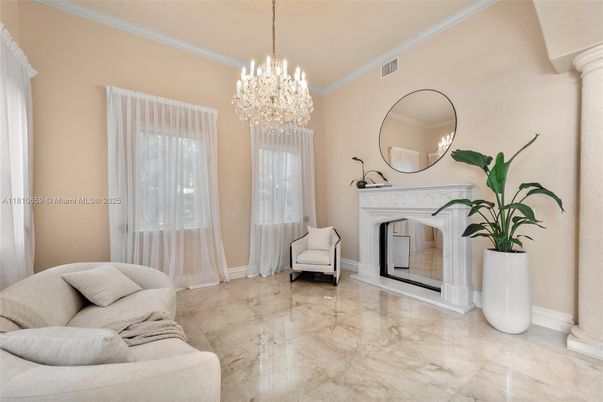 Chandelier, Fireplace, Interior