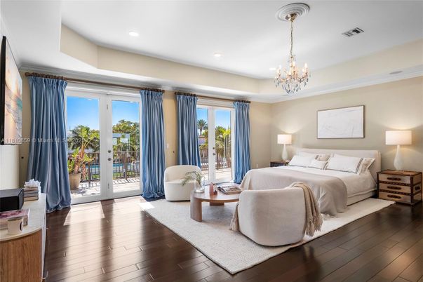 Bedroom, Chandelier, Interior, Recessed Lighting, Wood Texture Flooring