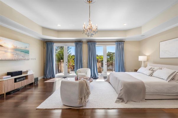 Bedroom, Chandelier, Interior, Recessed Lighting, Wood Texture Flooring