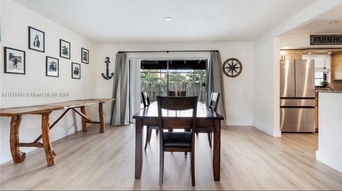 Dining room, Interior, Kitchen, Recessed Lighting, Stainless Steel Appliances, Wood Texture Flooring
