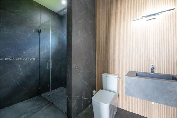 Bathroom, Glass Shower, Interior, Marble Walls, Recessed Lighting