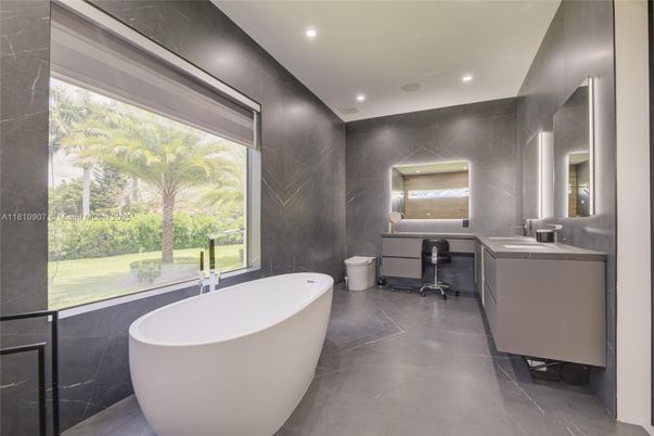 Bathroom, Free Standing Baths, Interior, Marble Walls, Recessed Lighting