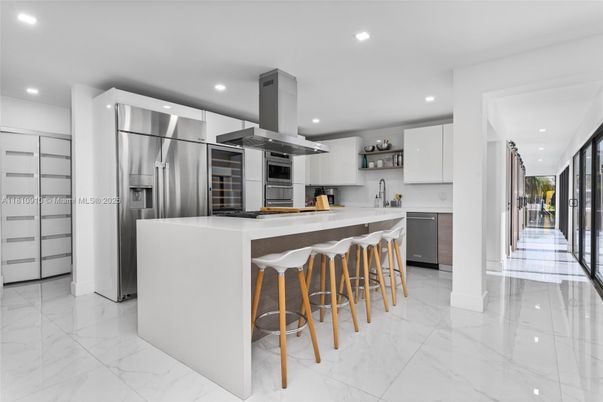 Interior, Kitchen, Marble, Recessed Lighting, Stainless Steel Appliances