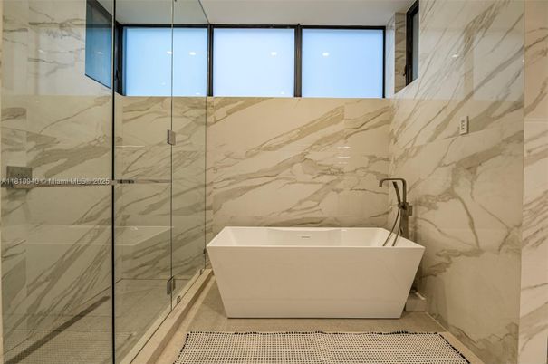Bathroom, Free Standing Baths, Glass Shower, Interior, Marble Walls, Recessed Lighting