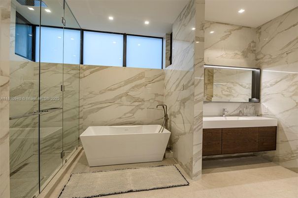 Bathroom, Free Standing Baths, Glass Shower, Interior, Marble Walls, Recessed Lighting