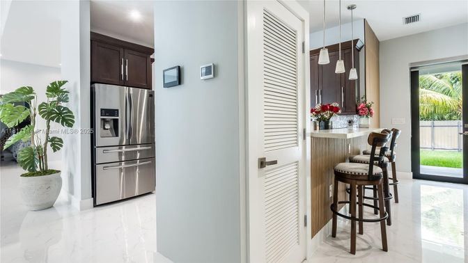 Interior, Kitchen, Marble, Pendant Lights, Recessed Lighting, Stainless Steel Appliances