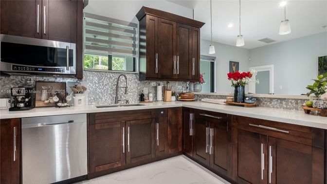 Interior, Kitchen, Marble, Pendant Lights, Recessed Lighting, Stainless Steel Appliances