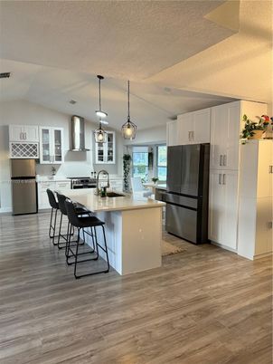 Interior, Kitchen, Pendant Lights, Stainless Steel Appliances, Wood Texture Flooring