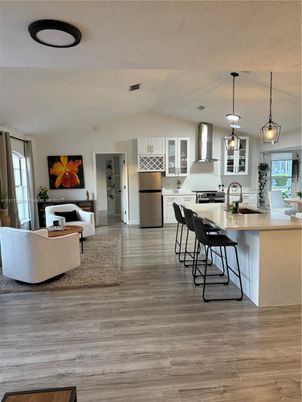 Interior, Kitchen, Living room, Pendant Lights, Stainless Steel Appliances, Wood Texture Flooring