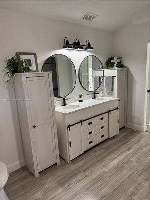 Bathroom, Dual Sink Vanities, Interior, Wood Texture Flooring