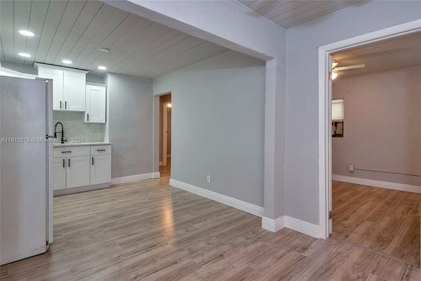 Empty room, Interior, Kitchen, Recessed Lighting, Wood Texture Flooring
