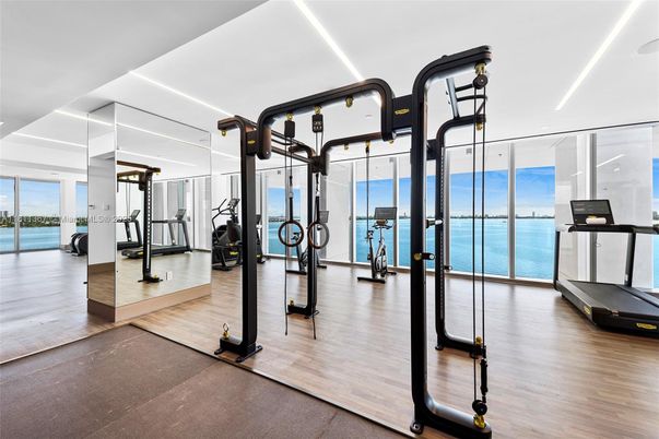 Fitness Equipment, Gym, Interior, Water, Wood Texture Flooring